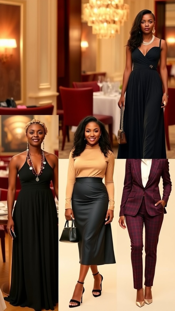 Elegant Dinner Outfit Ideas for Black Women A collage of stylish dinner outfits for black women in various elegant styles.
